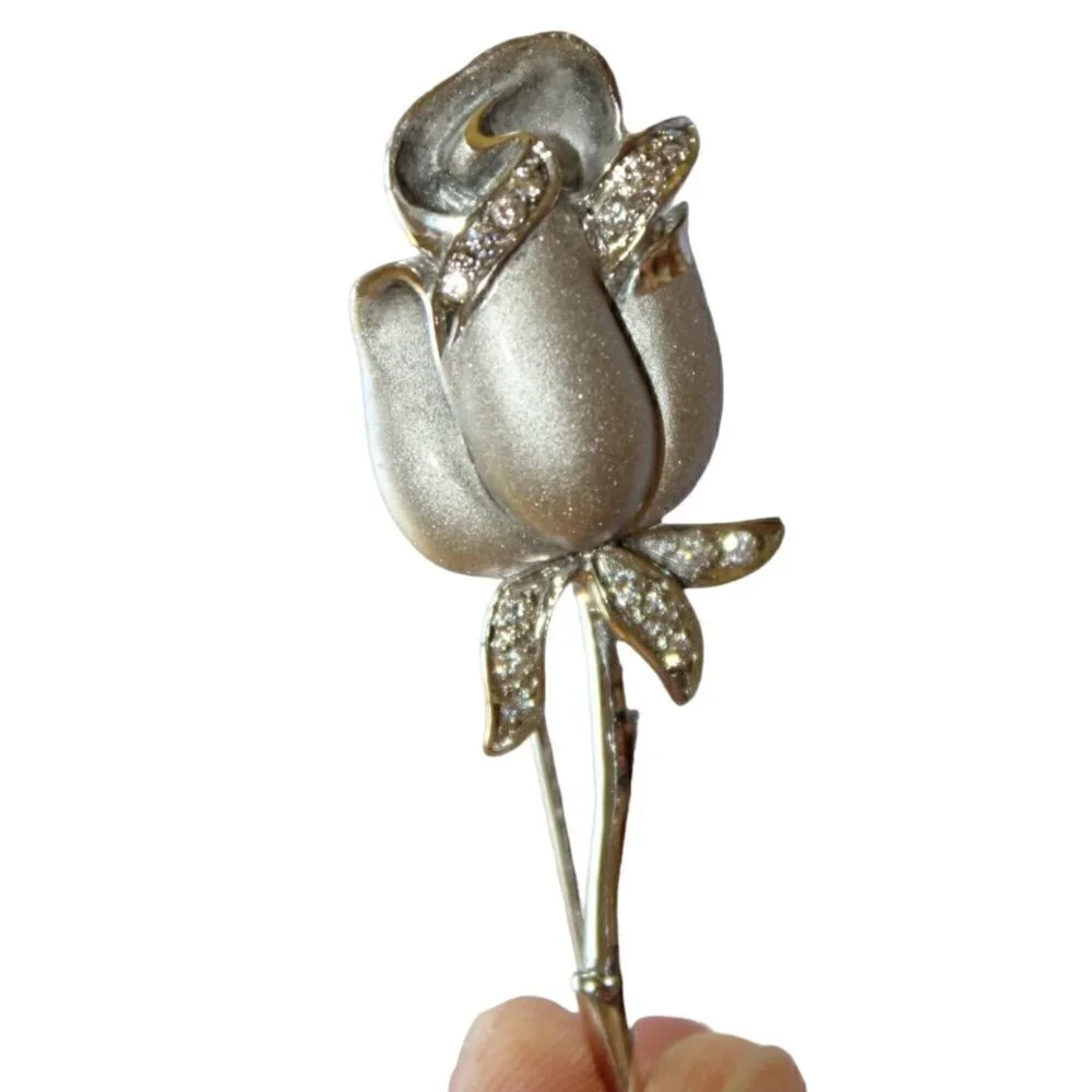 Sterling Silver 925 Rose flower brooch white Rhinestones Vintage